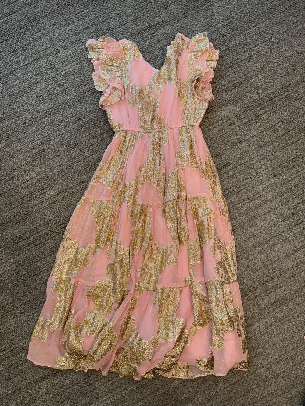 A Loves A Pink Gold Metallic Leaf Tiered Maxi Dress